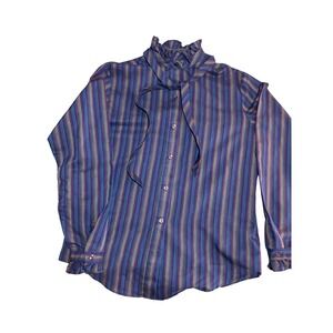 VNTG DEE CEE Blue Striped Ruffle Collar Bow Blouse 12 Western‎ 70's 80's